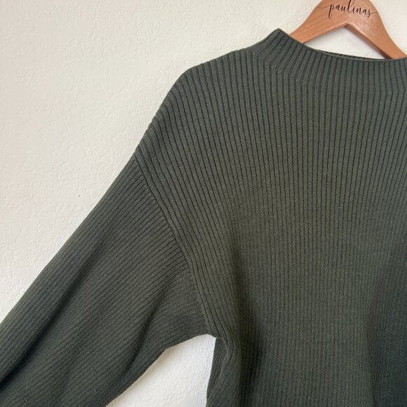 Line Dot Sweater Womens Medium Olive Green Ribbed Ballon Sleeve Pullover Top M - Picture 4 of 7